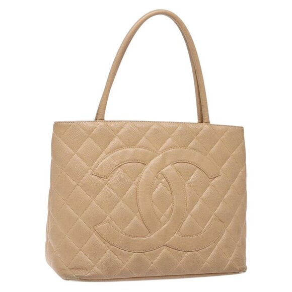 CHANEL Matelasse Reprint Tote Bag Grained Calf Skin Beige Gold CC Auth - Picture 8 of 16